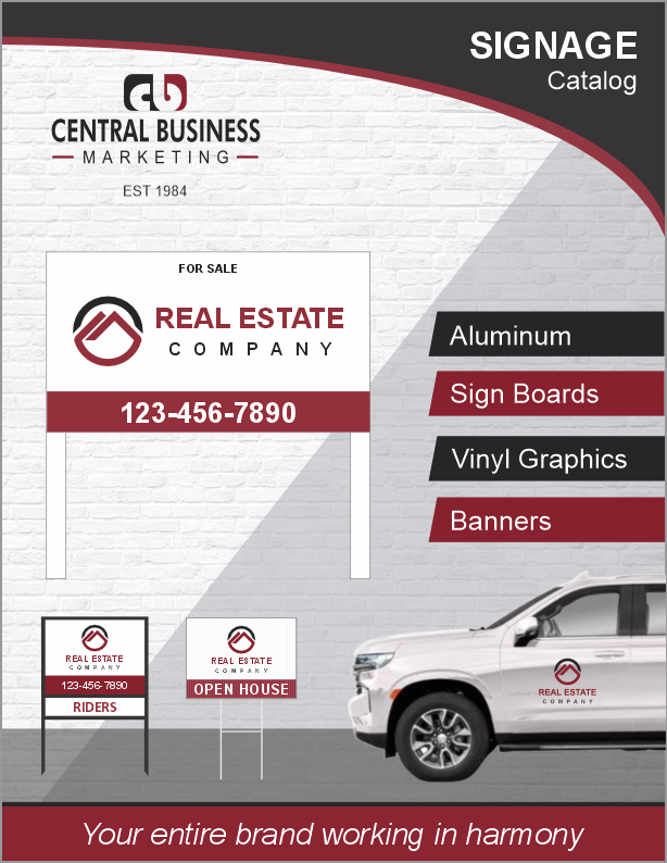 Signage catalog cover featuring aluminum sign boards