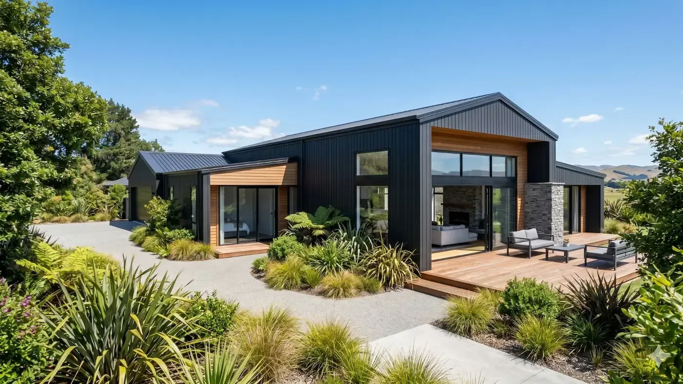 Modern black house with large windows, wood accents, and a landscaped patio in a sunny outdoor setting
