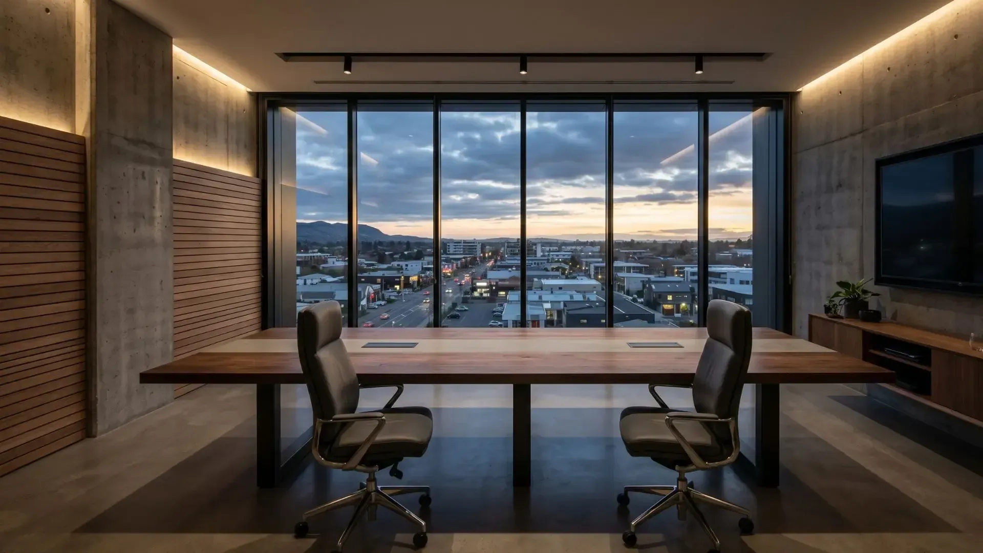 Modern conference room with long table, swivel chairs, and a city sunset view through floor-to-ceiling windows
