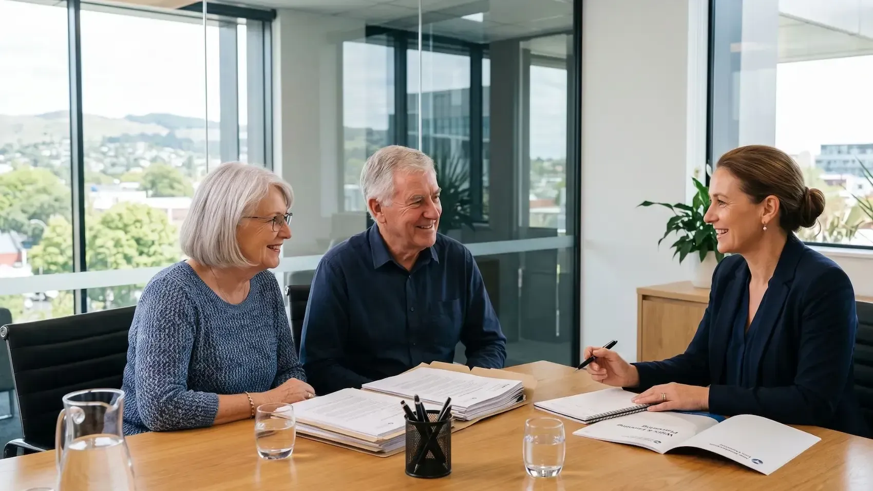 Three coworkers meeting at a conference table in a glass-walled office, reviewing documents and talking.