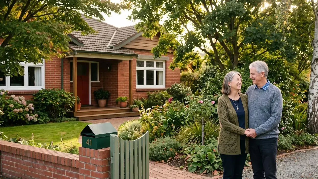 Couple standing by a brick house and garden gate in a leafy yard, holding hands and smiling