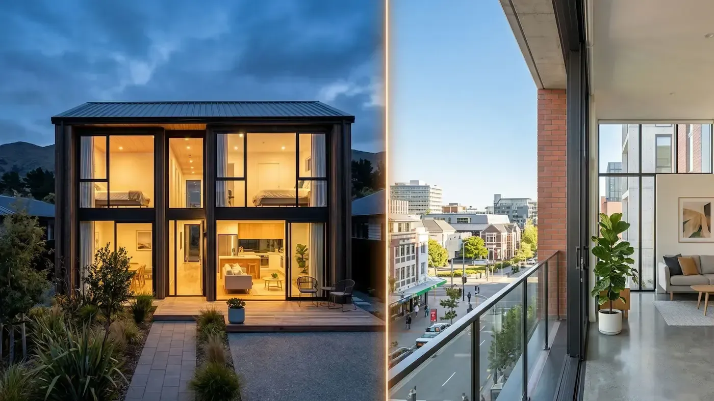 A split-screen showing a modern two-story home illuminated at night on the left and a sunny balcony view on the right.