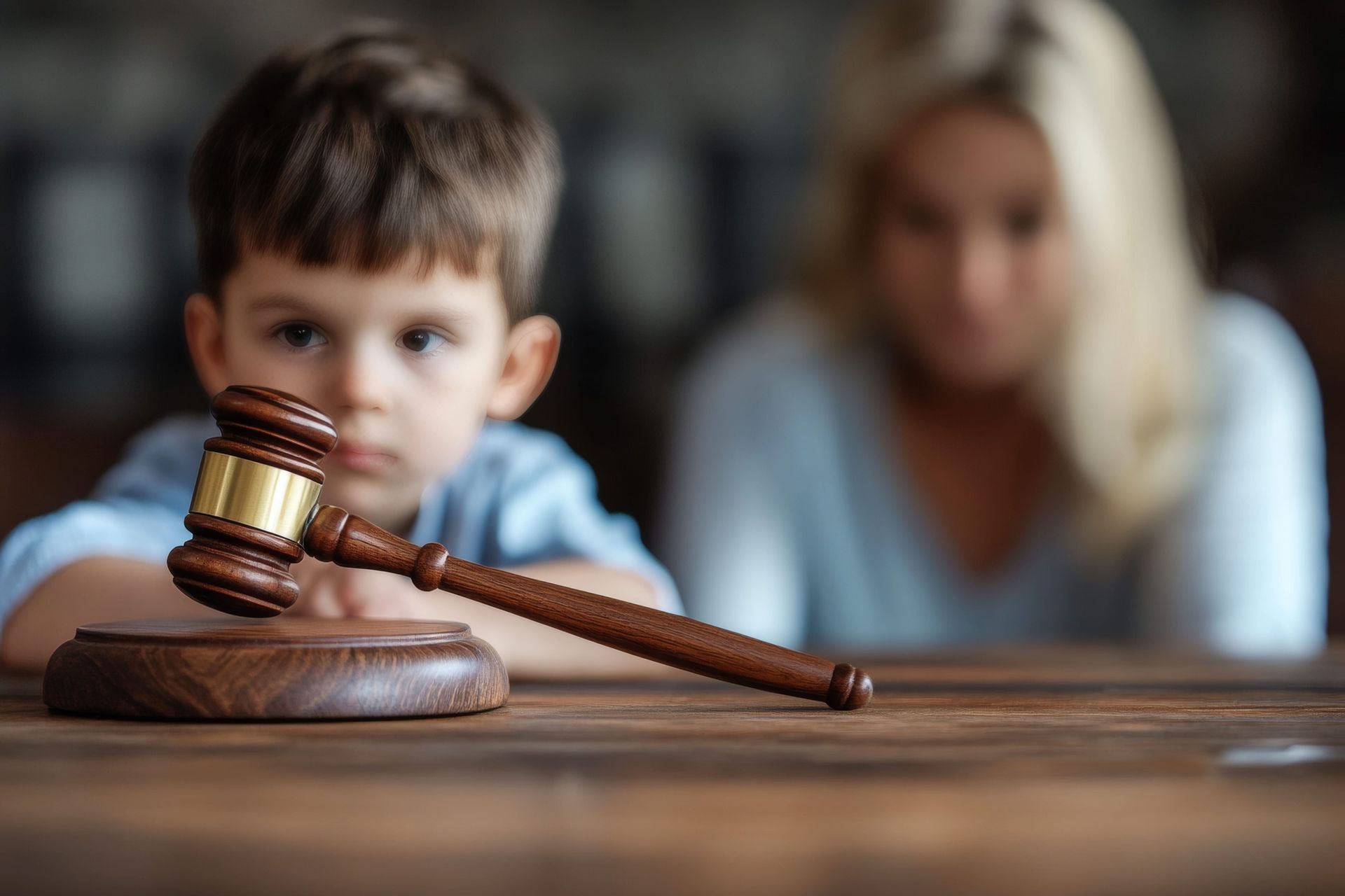Child holding a gavel in court, with a blurred adult in the background.