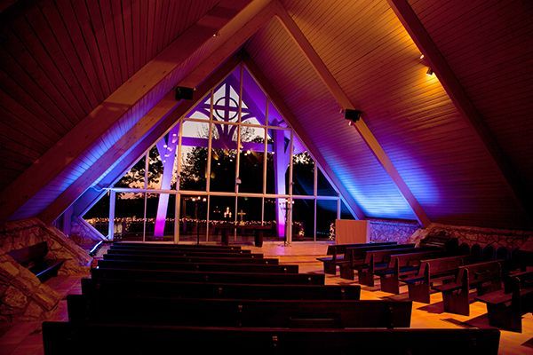 wedding chapel at night at Camp Loughridge in Tulsa Oklahoma