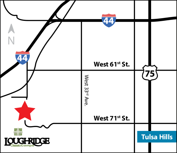 A map showing the location of loughridge and tulsa hills