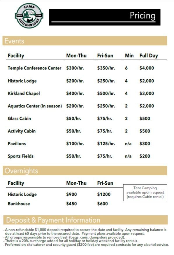 rental pricing at Camp Loughridge in Tulsa Oklahoma