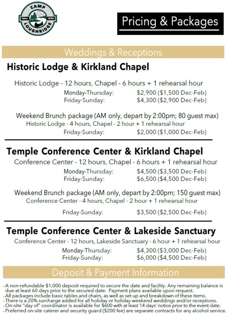 Wedding pricing and packages at Camp Loughridge in Tulsa Oklahoma