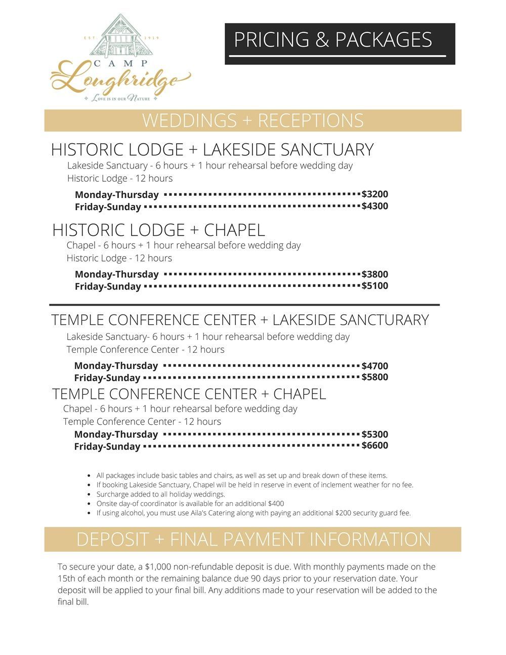 Wedding pricing and packages at Camp Loughridge in Tulsa Oklahoma