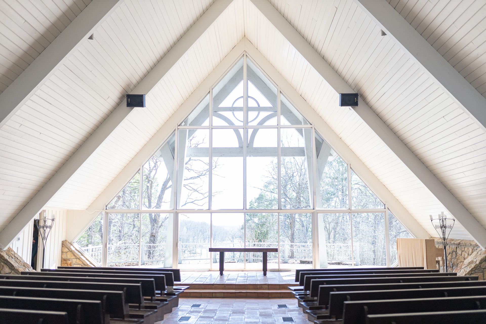 white wedding chapel at Camp Loughridge in Tulsa Oklahoma