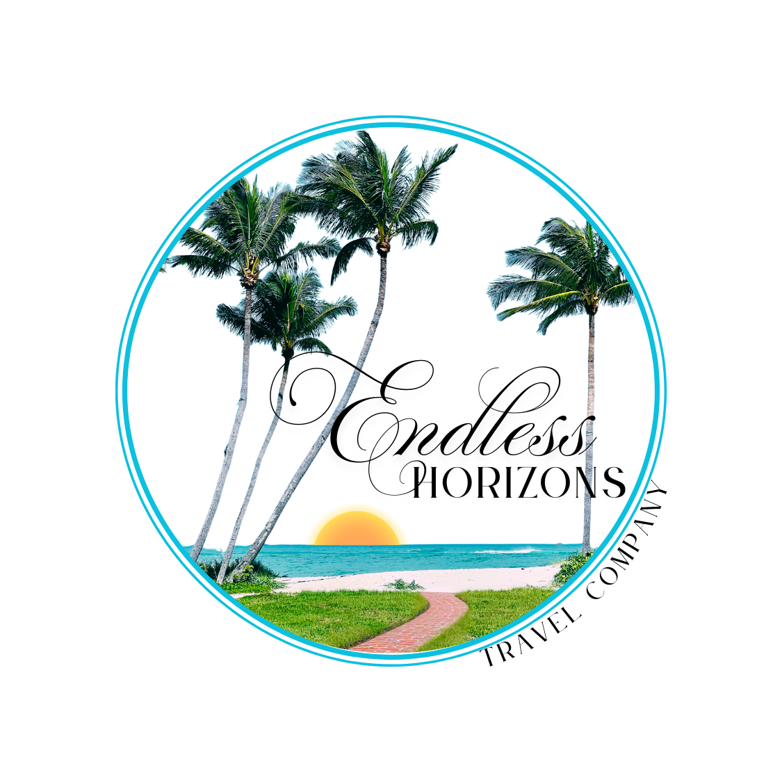 Beach scene logo: palm trees, ocean, sunset, and "Endless Horizons Travel Company" in a circular design.