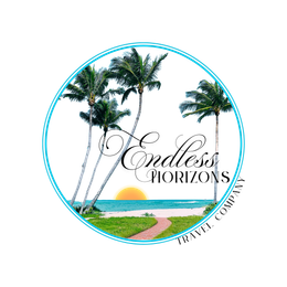 Beach scene logo: palm trees, ocean, sunset, and "Endless Horizons Travel Company" in a circular design.