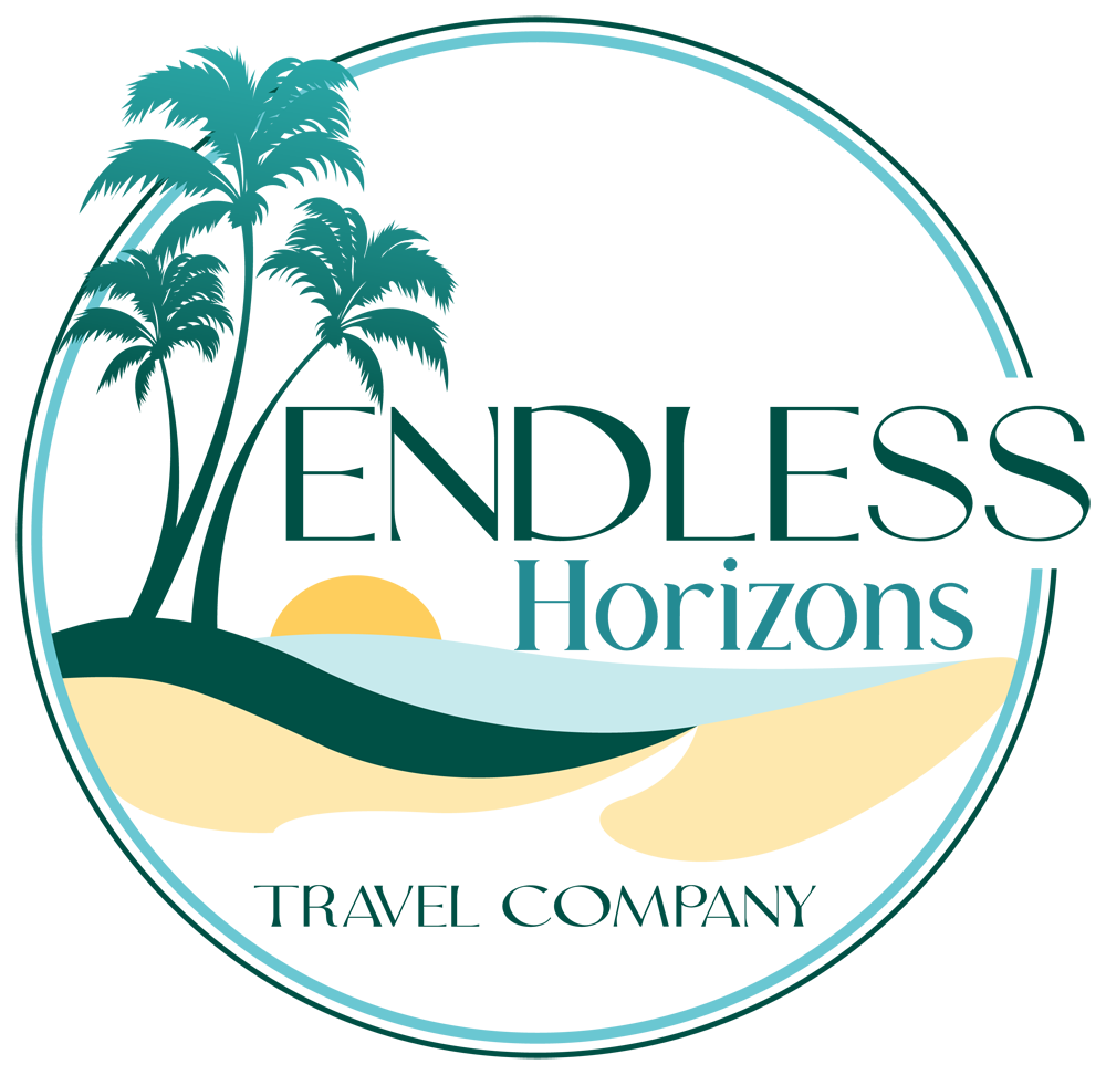 Beach scene logo: palm trees, ocean, sunset, and "Endless Horizons Travel Company" in a circular design.