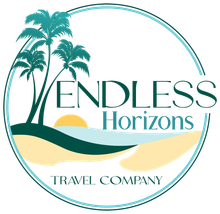 A circular logo for Endless Horizons Travel Company with palm trees, a yellow sun, a beach, and blue text on a white back.