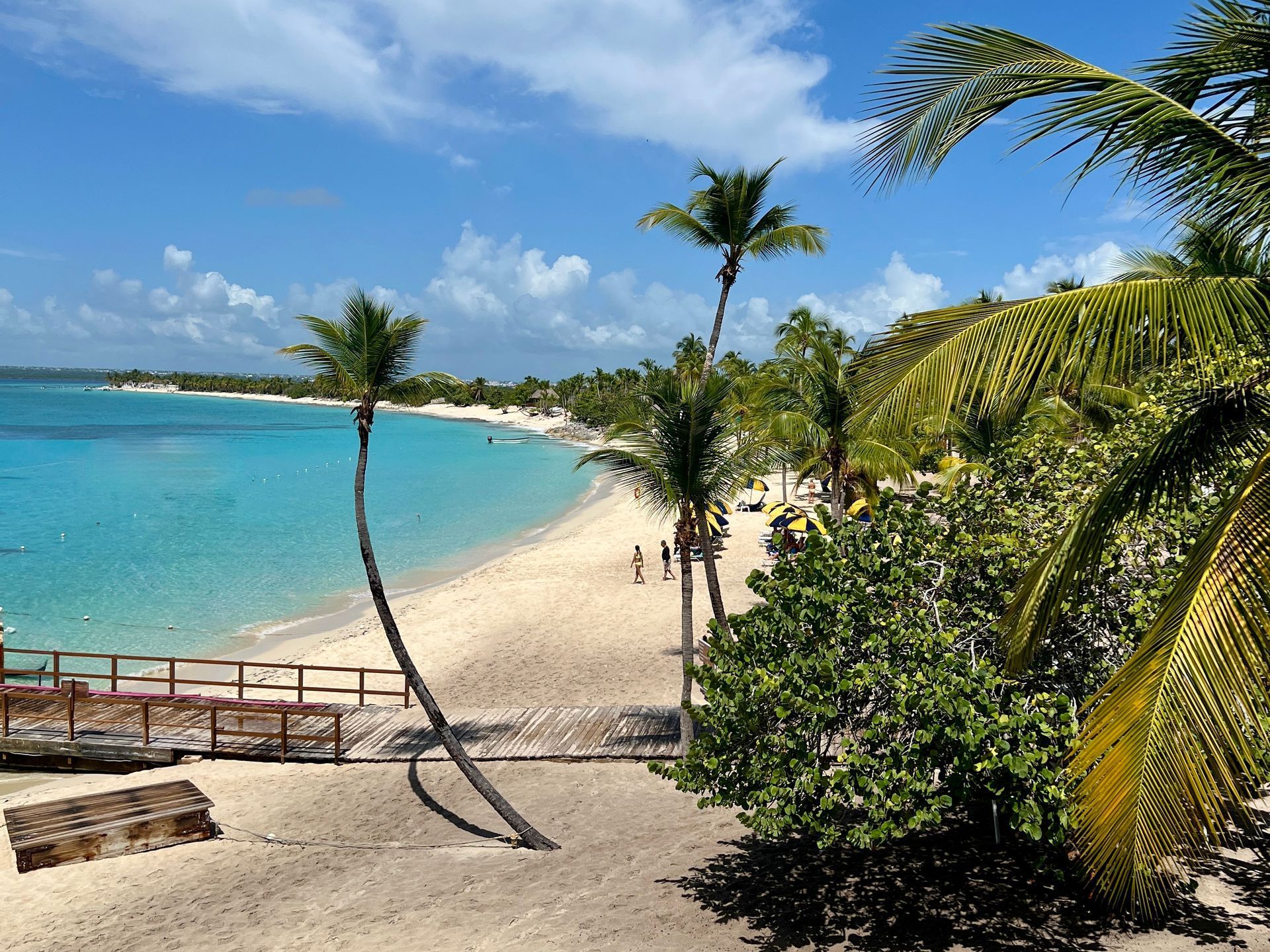 Tropical beach scene with turquoise water, white sand, palm trees, and a blue sky.