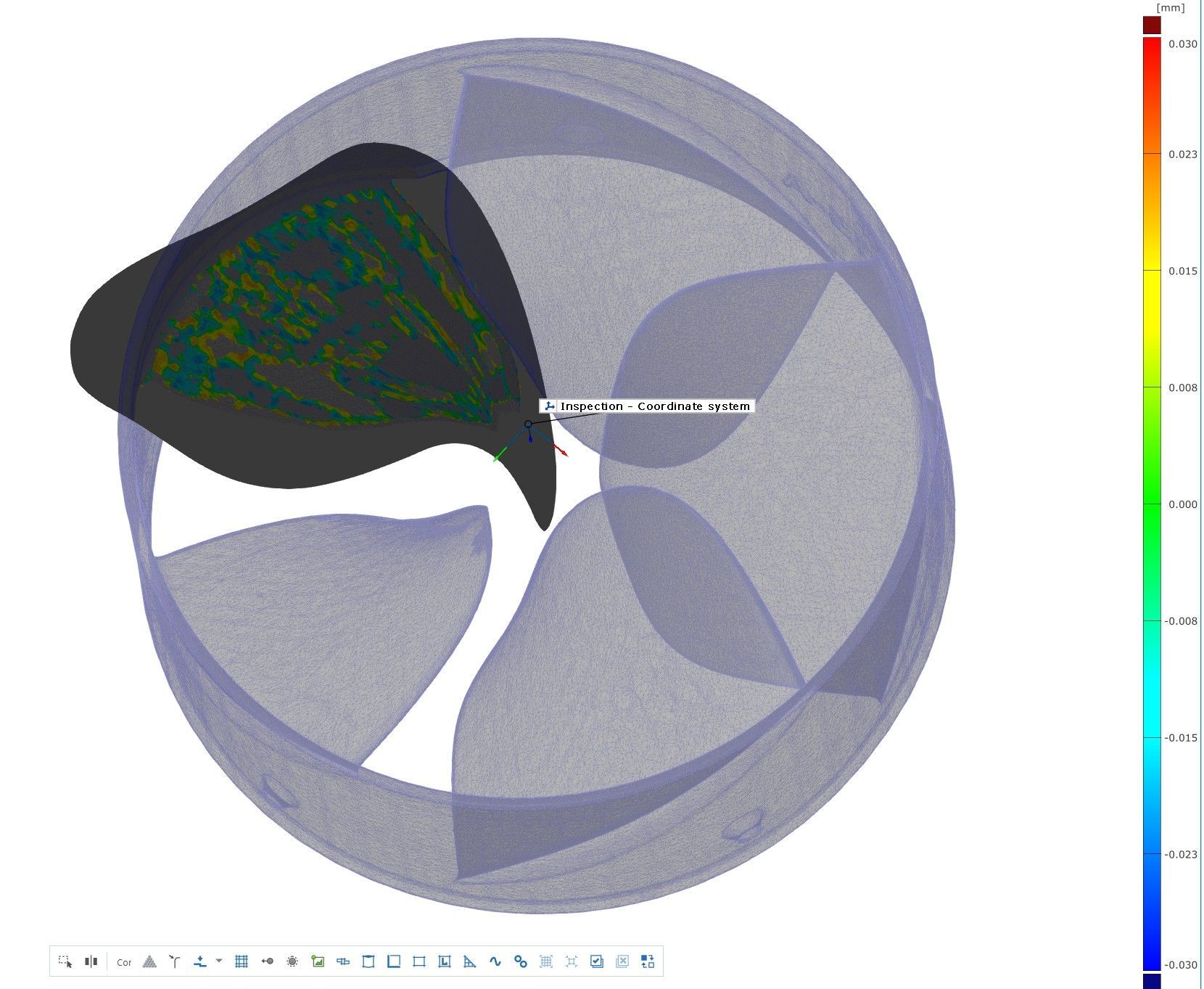 Farbabweichungsdarstellung zwischen CAD-Fläche und optisch gemessener Schaufelgeometrie