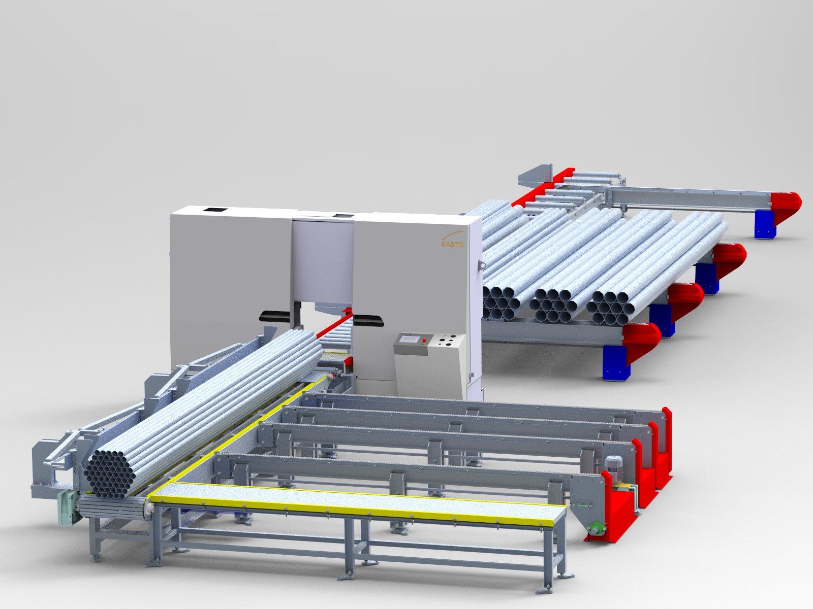 Aan,-afvoersysteem van bundels voor en na een zaagmachine