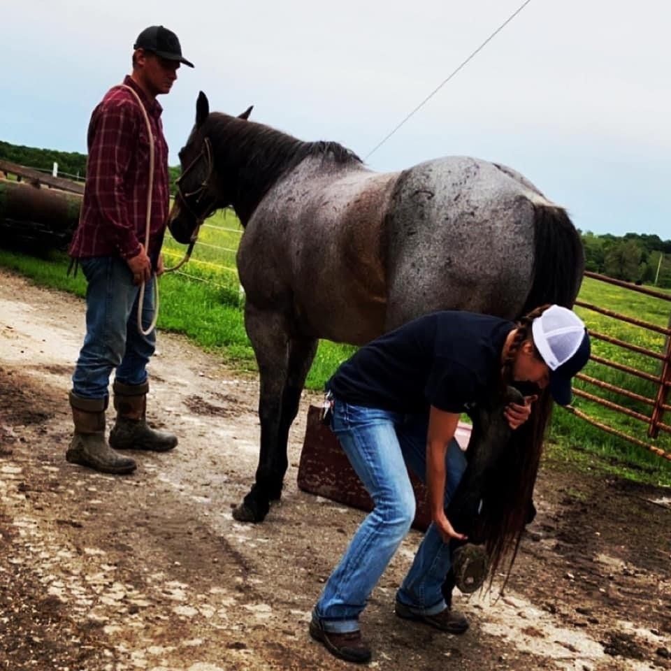 A man in a plaid shirt is standing next to a horse