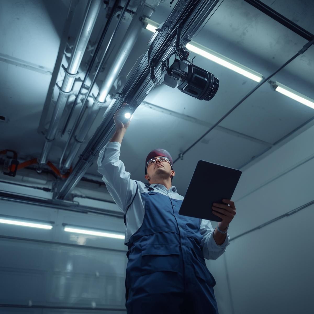 Technician in blue coveralls inspects ceiling pipes in an industrial facility, holding a tablet.