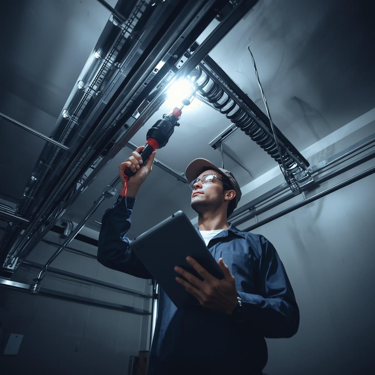 Technician inspecting overhead cables in a dim industrial server room, holding a tablet