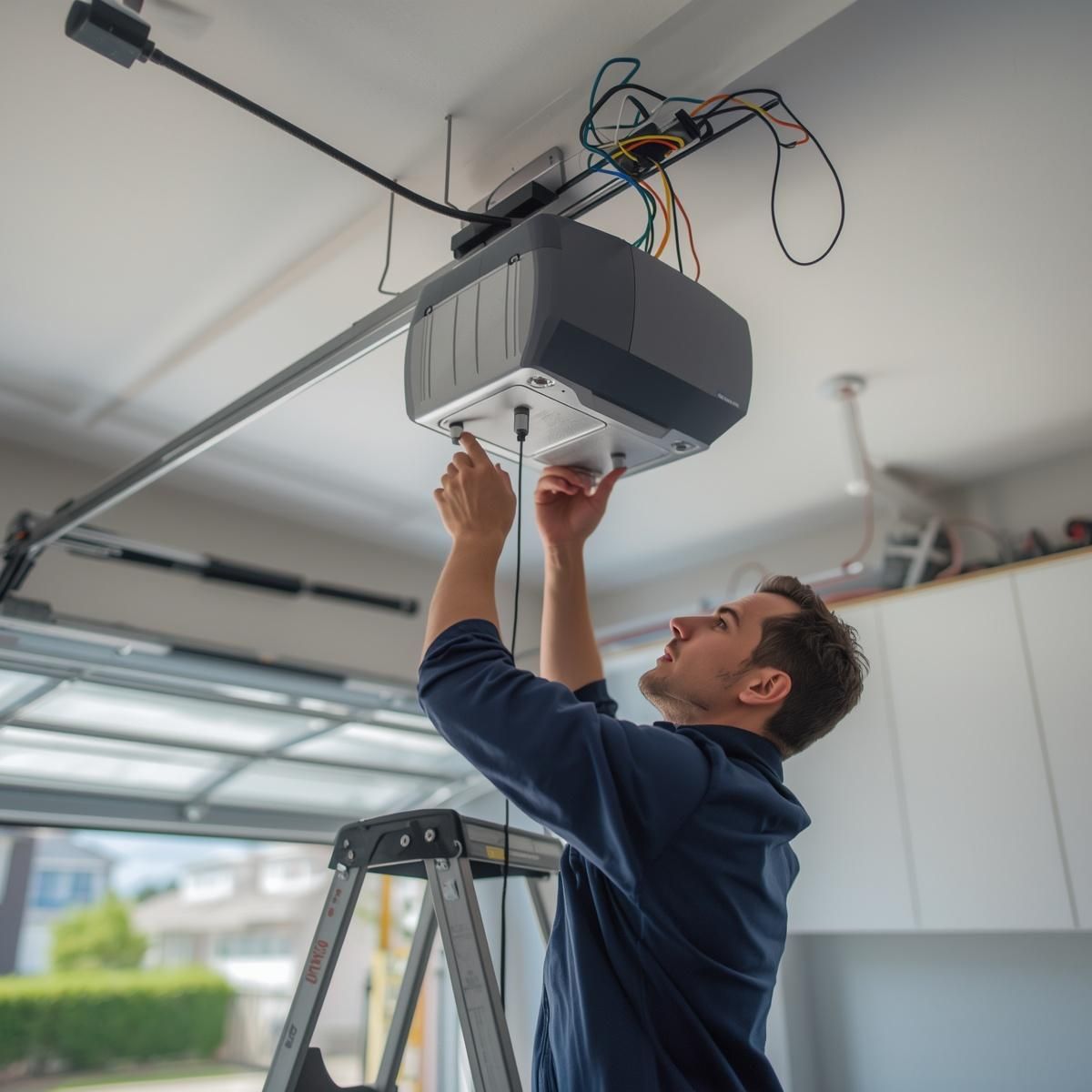 Technician adjusting a ceiling-mounted garage door opener with a step ladder below