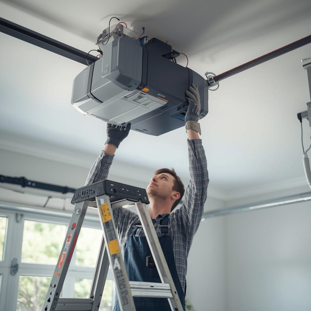 Technician on a ladder adjusting a ceiling-mounted garage door opener indoors