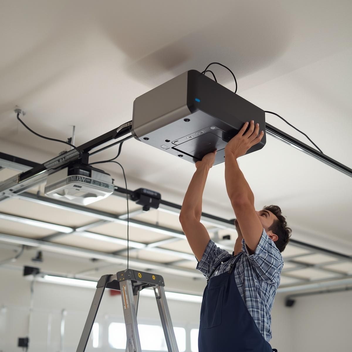 Technician installing a ceiling-mounted projector in a bright garage-like room