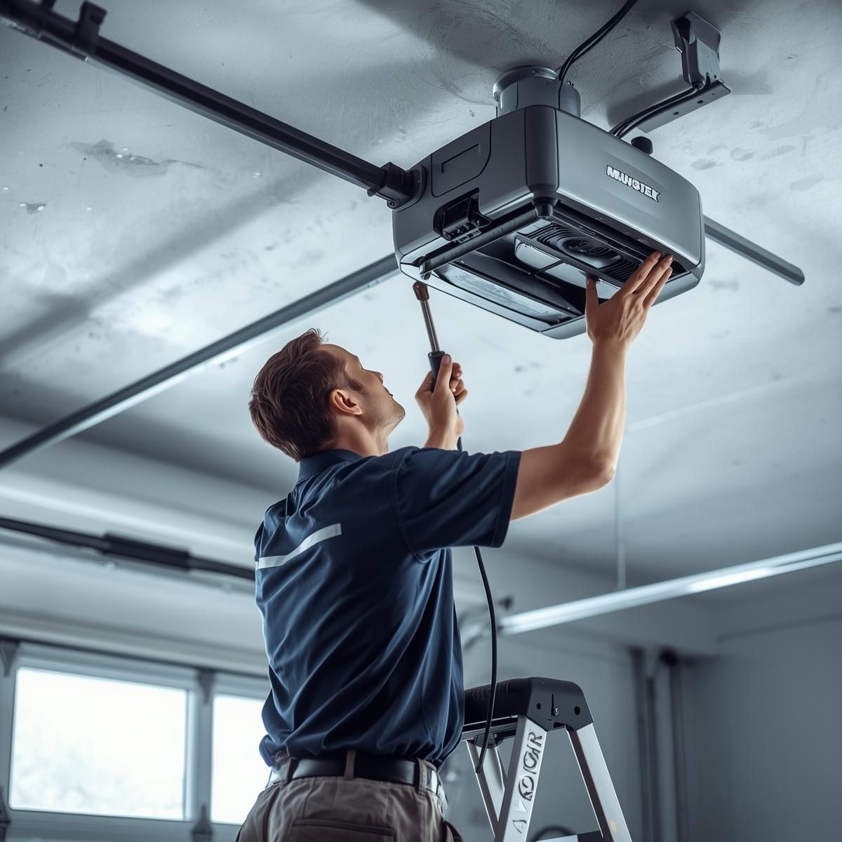 Worker adjusting a ceiling-mounted garage door opener with a ladder in a garage