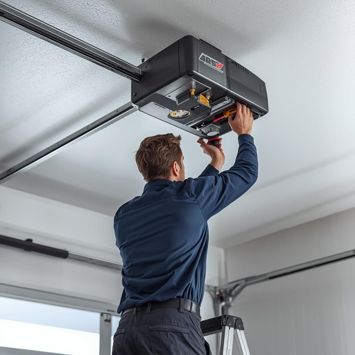 Technician adjusting a garage door opener on the ceiling in a garage.
