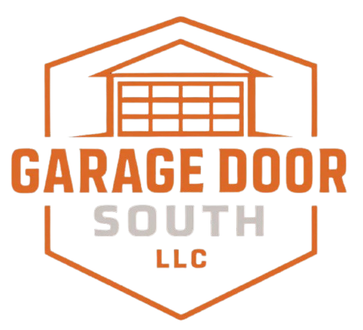 Garage Door South LLC logo with orange garage and hexagon outline, gray “SOUTH” text