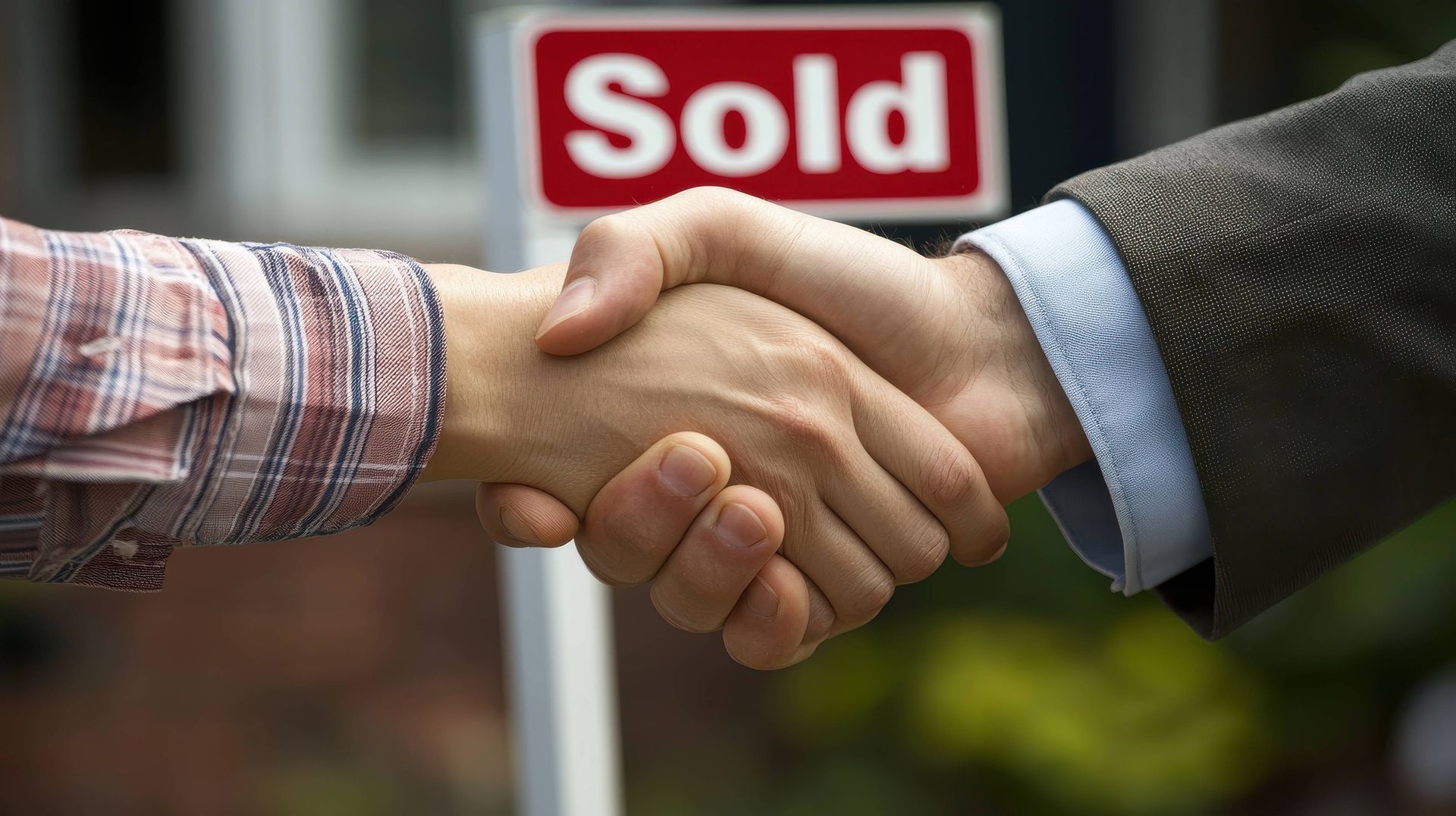 Two people shaking hands in front of a red