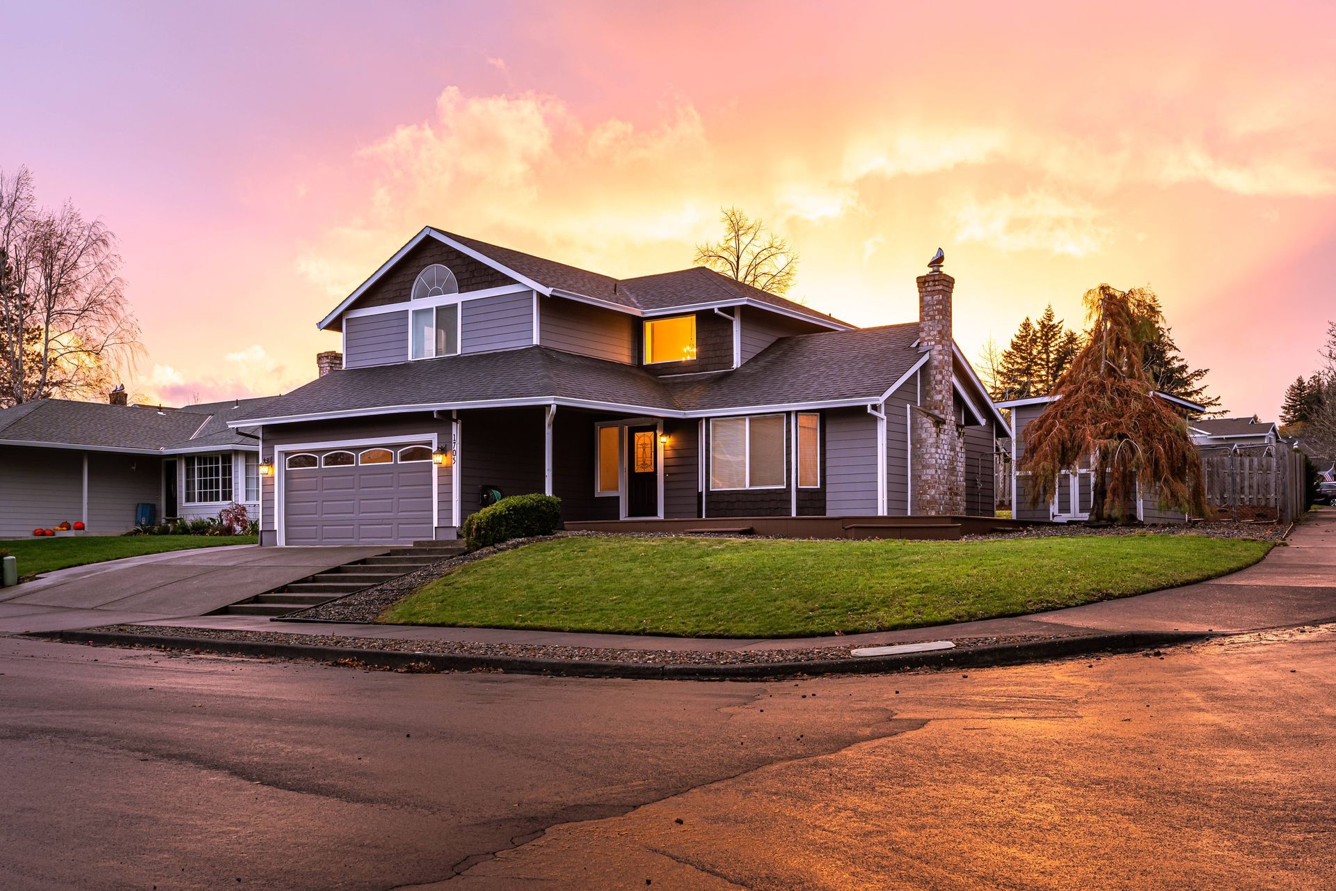 Modern home in a residential neighborhood at sunset near Lexington, KY