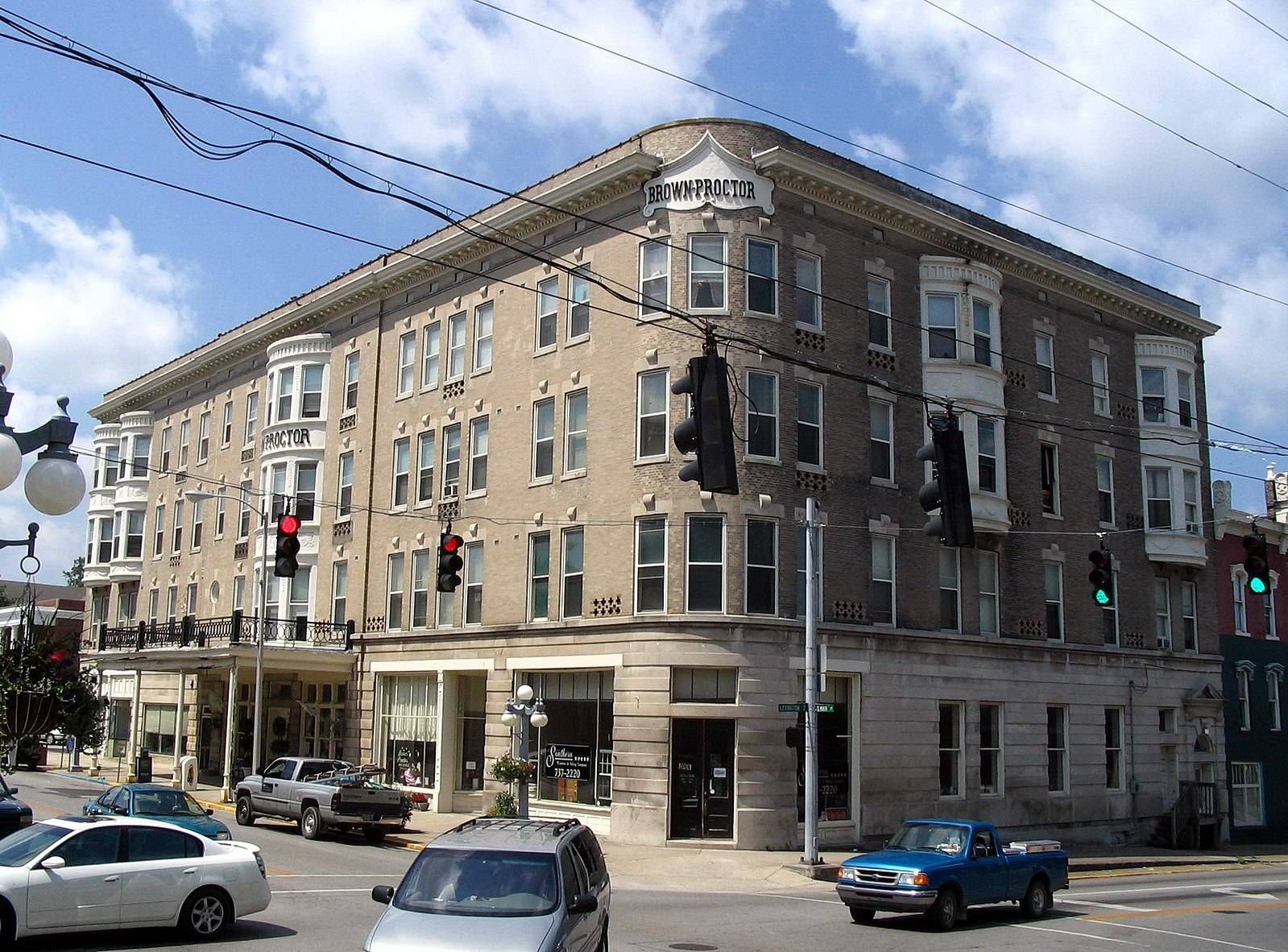 Street-level image of the Brown-Proctoria Hotel in downtown Winchester, KY.