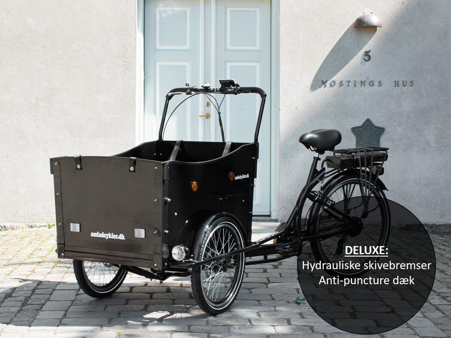 Sort ladcykel parkeret foran en lyseblå dør.