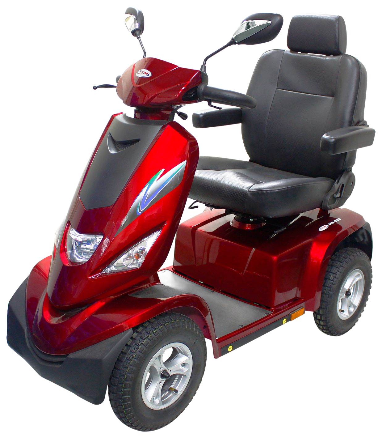 Rød mobilitetsscooter med sort sæde og armlæn.