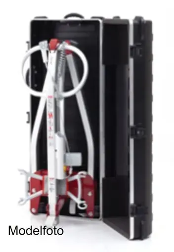 Rød og sølvfarvet medicinsk udstyr i et sort etui.