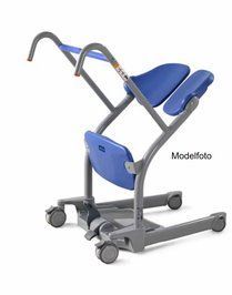 Grå og blå medicinsk patientlift på hjul, der kan stå op.