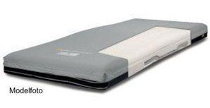 Grå og hvid medicinsk madras med lynlåsbetræk.