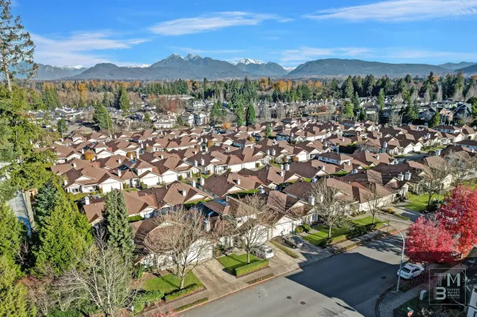 Suburban neighborhood with rows of houses, trees, and mountains under a clear blue sky.