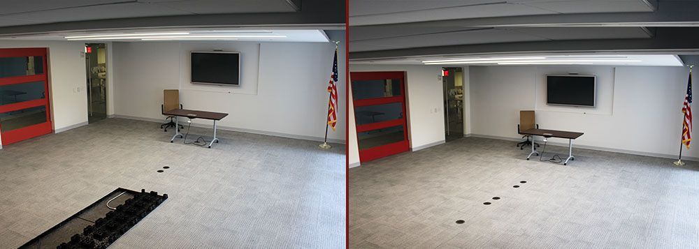 Two views of an empty room with red doors, a table, and a TV on the wall.