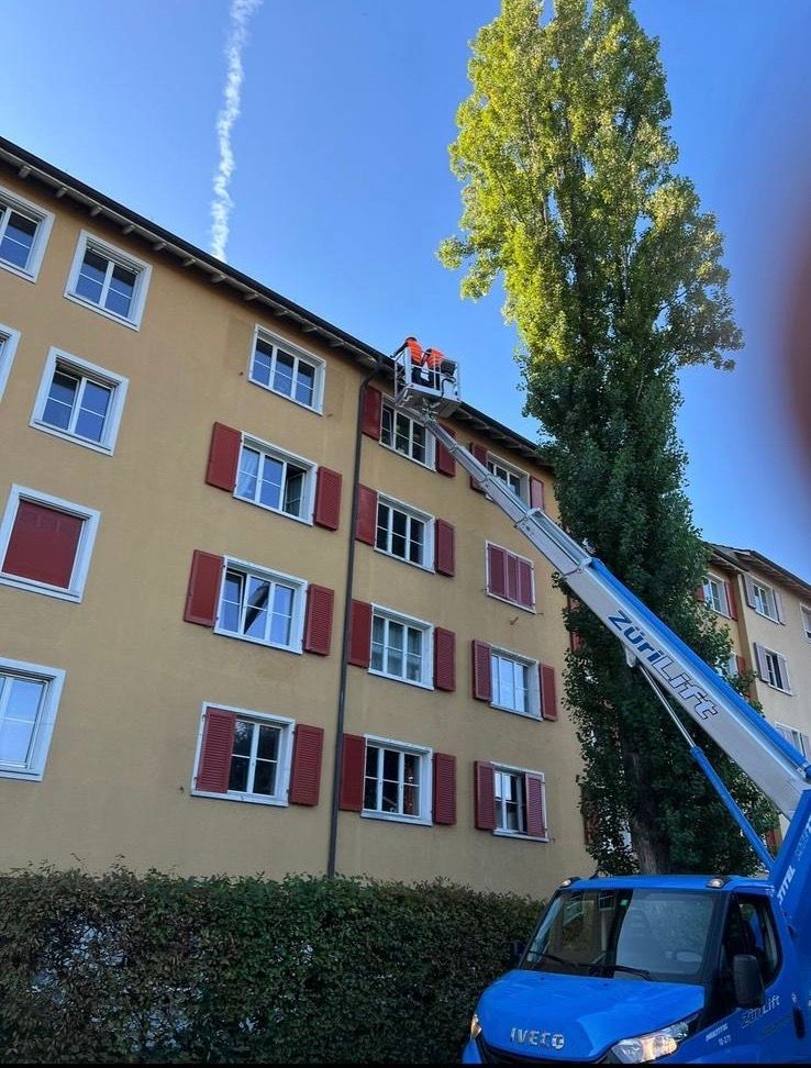 Ein blauer Iveco-Truck steht vor einem gelben Gebäude