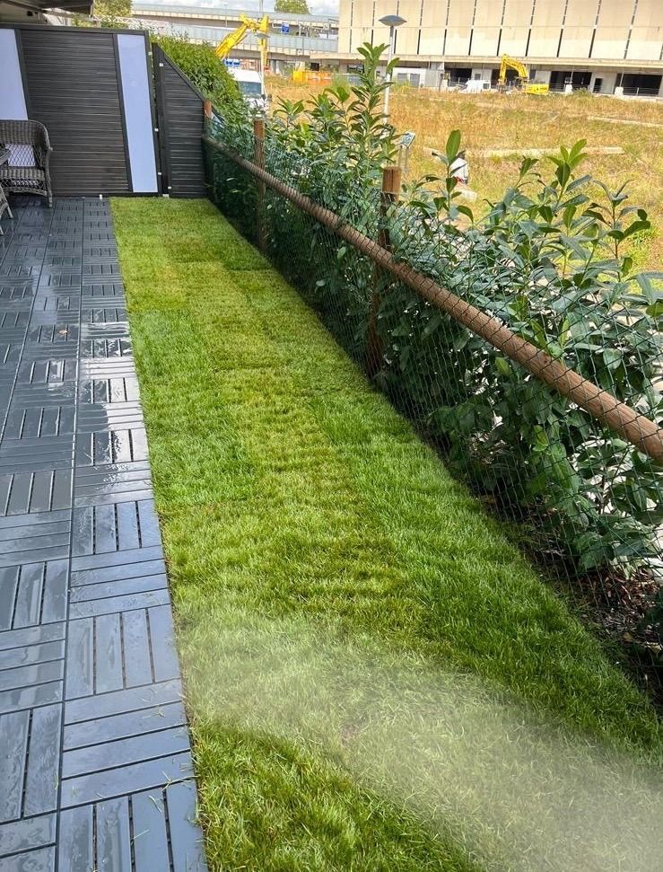 Eine Rasenfläche mit einem Holzzaun und einer Terrasse im Hintergrund.