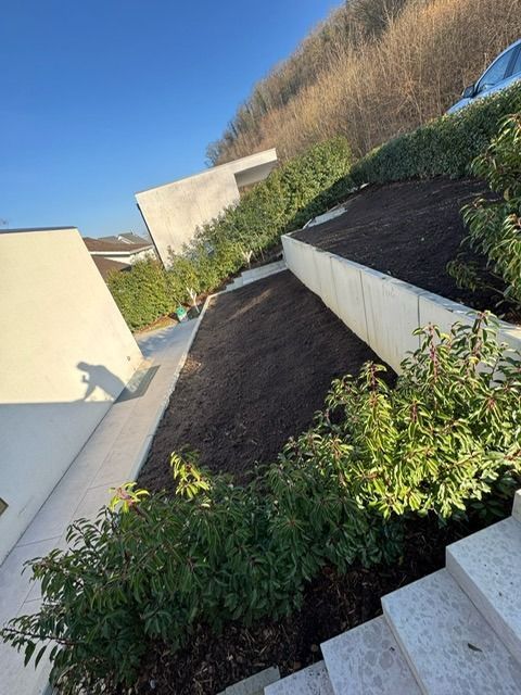 Eine Treppe führt hinauf zu einem Haus mit einem üppigen grünen Garten.