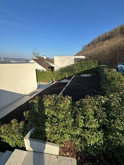 Auf einem Parkplatz neben einem Haus steht ein Auto.