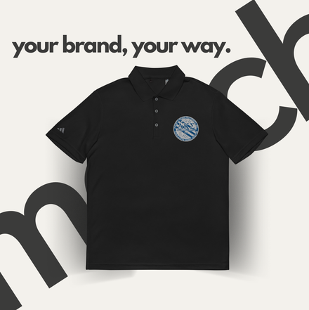Black polo shirt with a custom logo, text overlay reads 