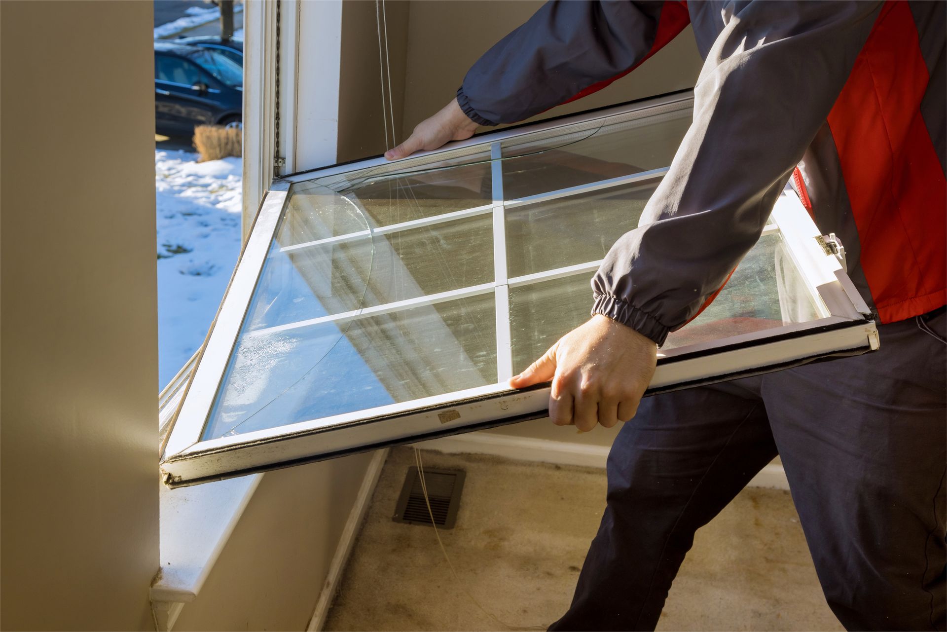 Close-up of a worker performing window replacement in a house, by removing a break-down window.