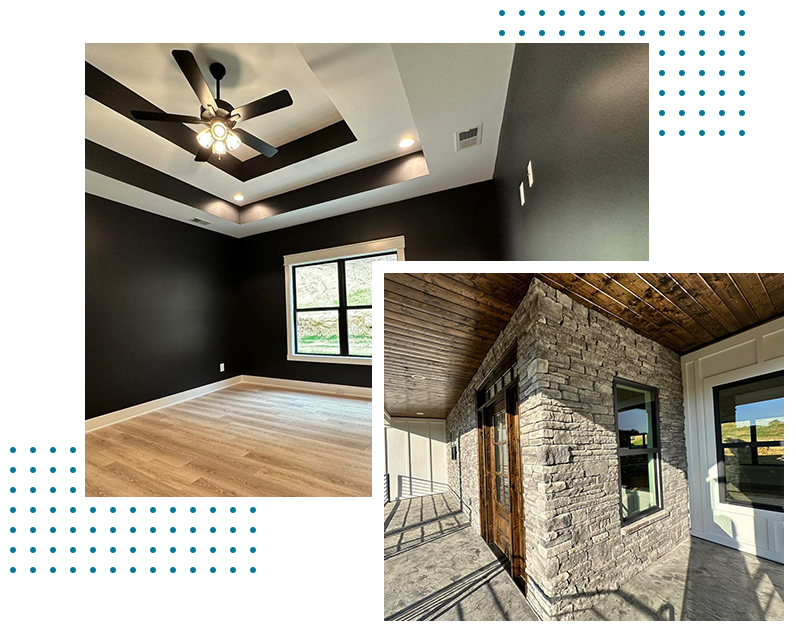 A collage of three pictures of a house with black walls and a ceiling fan.
