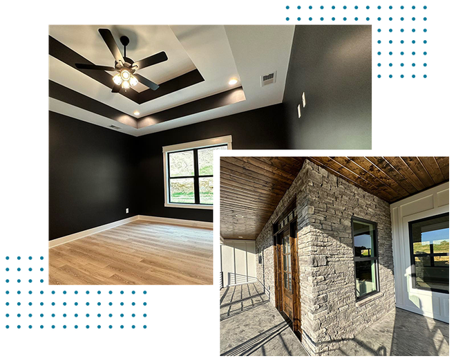 A collage of three pictures of a house with black walls and a ceiling fan.