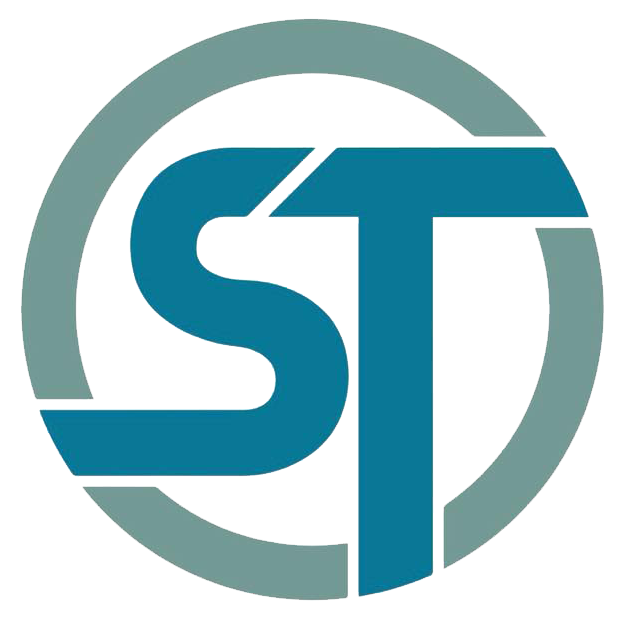 A blue st logo in a circle on a white background