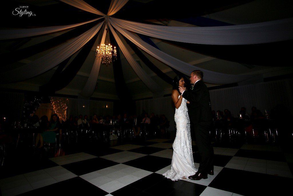 Black and white ceiling draping