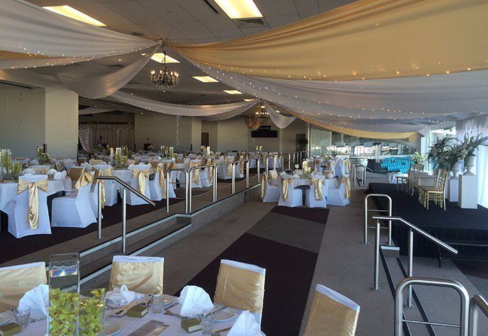 Gold & white ceiling draping at Alexandra Park Auckland